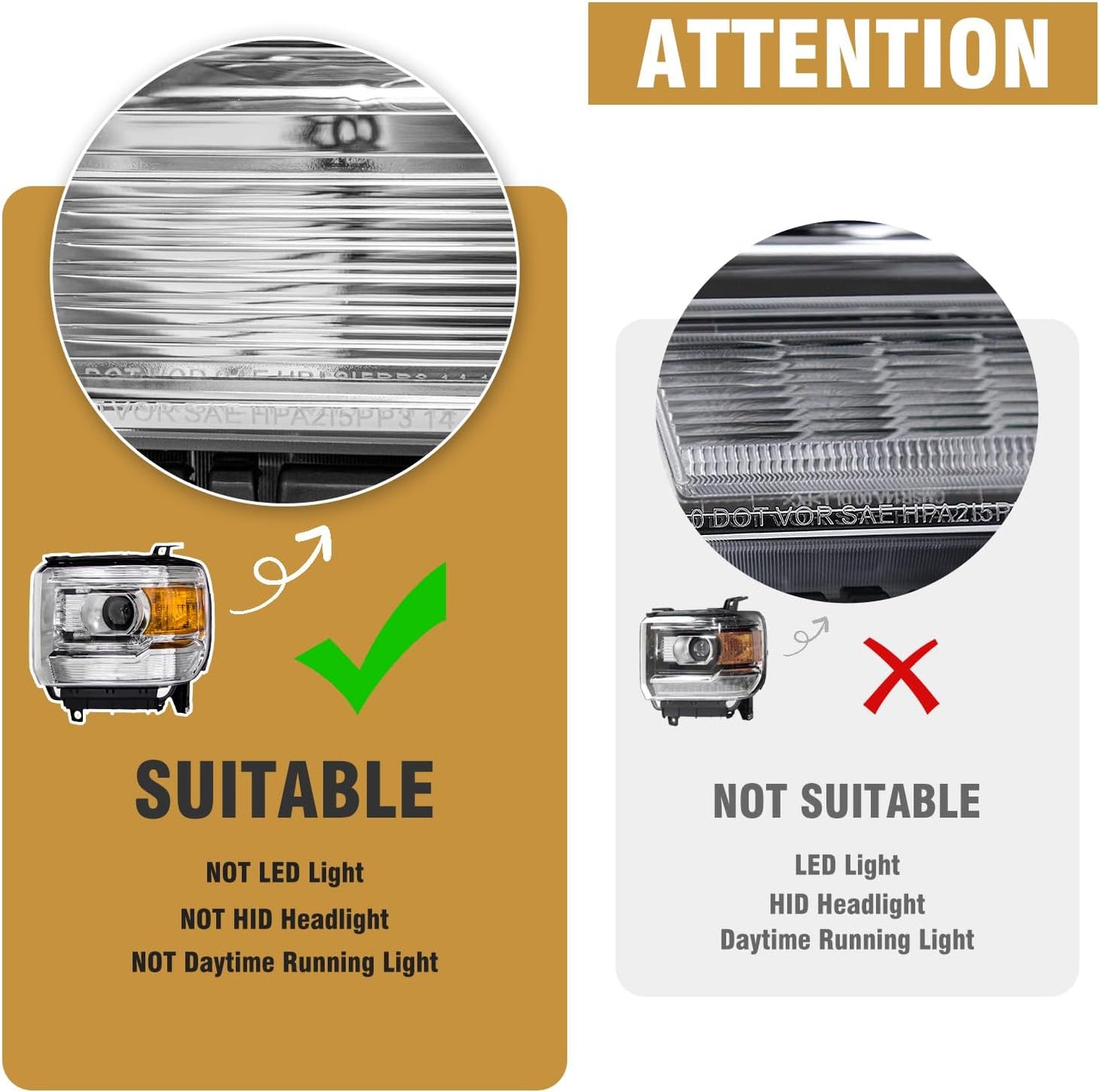 AS Headlight Assembly for 2014-2018 GMC Sierra 1500HD/ 2015-2019 GMC Sierra 2500HD/ 3500HD Base/Denali/SLE/SLT Headlights Without LED Daytime Running lights with Chrome Housing Amber Reflector