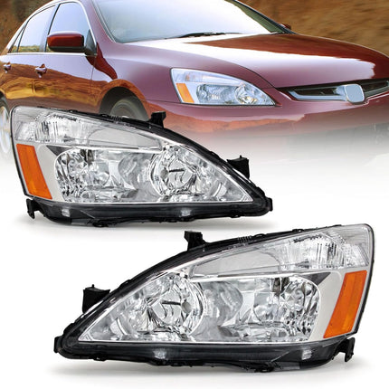 AS For 2003 2004 2005 2006 2007 Honda Accord Headlight Assembly Compatible with 2003 2004 2005 2006 2007 Accord Headlamp OE Replacement Chrome Housing Amber Reflector Pair