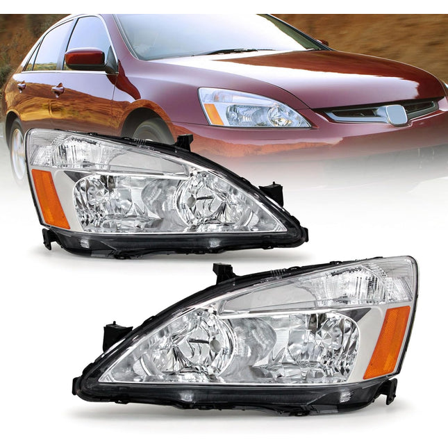 AS For 2003 2004 2005 2006 2007 Honda Accord Headlight Assembly Compatible with 2003 2004 2005 2006 2007 Accord Headlamp OE Replacement Chrome Housing Amber Reflector Pair