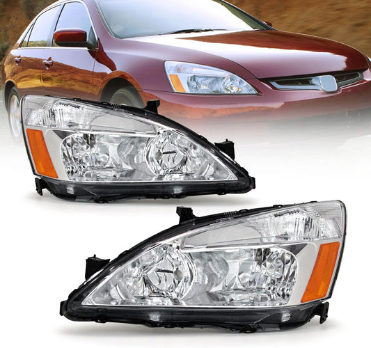 AS For 2003 2004 2005 2006 2007 Honda Accord Headlight Assembly Compatible with 2003 2004 2005 2006 2007 Accord Headlamp OE Replacement Chrome Housing Amber Reflector Pair