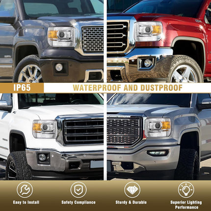 AS Headlight Assembly for 2014-2018 GMC Sierra 1500HD/ 2015-2019 GMC Sierra 2500HD/ 3500HD Base/Denali/SLE/SLT Headlights Without LED Daytime Running lights with Chrome Housing Amber Reflector
