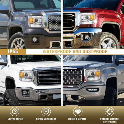 AS Headlight Assembly for 2014-2018 GMC Sierra 1500HD/ 2015-2019 GMC Sierra 2500HD/ 3500HD Base/Denali/SLE/SLT Headlights Without LED Daytime Running lights with Chrome Housing Amber Reflector