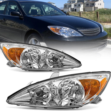 AS Headlight Assembly Compatible with 2002 2003 2004 TOYOTA CAMRY Headlight Chrome Housing Amber Reflector Clear Lens Driver and Passenger Side Pair Not Fit Solora Models