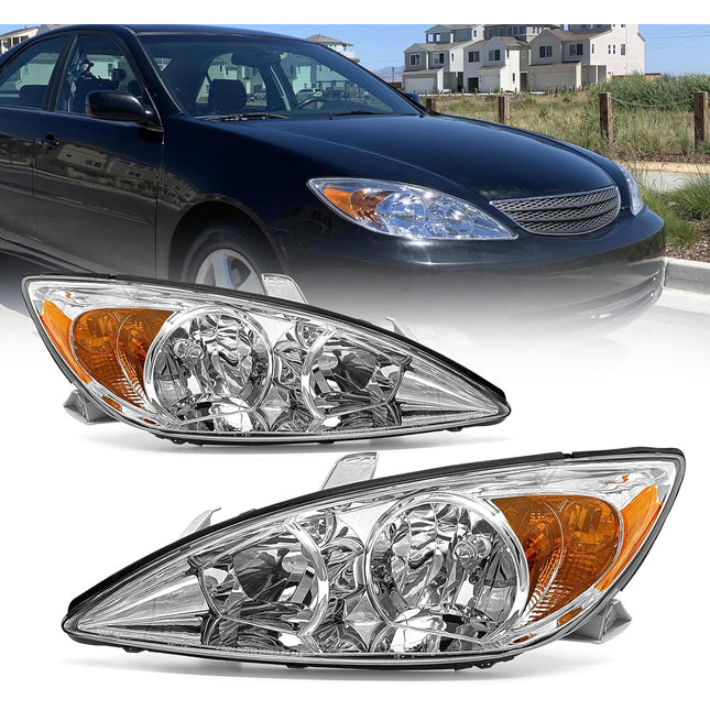 AS Headlight Assembly Compatible with 2002 2003 2004 TOYOTA CAMRY Headlight Chrome Housing Amber Reflector Clear Lens Driver and Passenger Side Pair Not Fit Solora Models