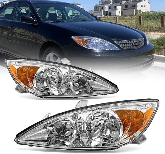 AS Headlight Assembly Compatible with 2002 2003 2004 TOYOTA CAMRY Headlight Chrome Housing Amber Reflector Clear Lens Driver and Passenger Side Pair Not Fit Solora Models