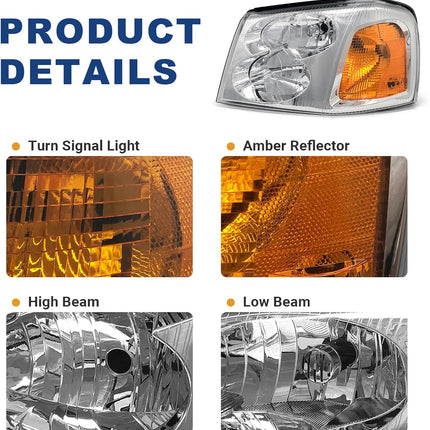 TopAutoGear Headlights for 2002-2009 GMC Envoy Clear Lens Chrome Housing Amber