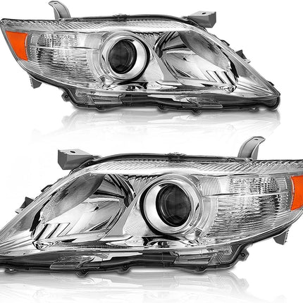AS 2010 2011 Toyota Camry Headlight Assembly Replacement for 2010 2011 Toyota Camry Base/LE/XLE Sedan Projector Chrome Housing Amber Reflector Clear Lens Pai
