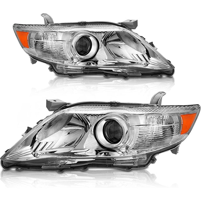 AS 2010 2011 Toyota Camry Headlight Assembly Replacement for 2010 2011 Toyota Camry Base/LE/XLE Sedan Projector Chrome Housing Amber Reflector Clear Lens Pai