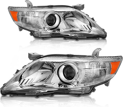 AS 2010 2011 Toyota Camry Headlight Assembly Replacement for 2010 2011 Toyota Camry Base/LE/XLE Sedan Projector Chrome Housing Amber Reflector Clear Lens Pai