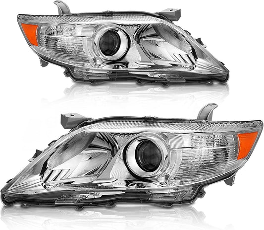AS 2010 2011 Toyota Camry Headlight Assembly Replacement for 2010 2011 Toyota Camry Base/LE/XLE Sedan Projector Chrome Housing Amber Reflector Clear Lens Pai