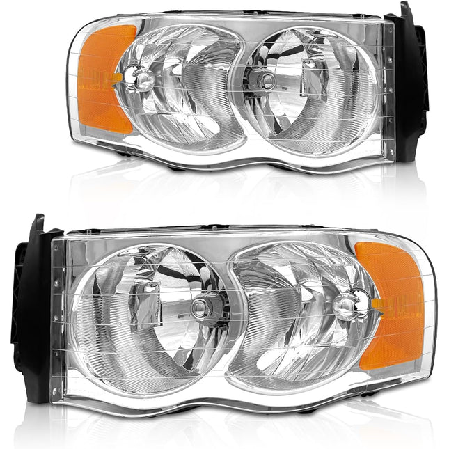 AS Headlights Assembly for 2002 2003 2004 2005 Dodge Ram 1500/03 04 05 Dodge Ram 2500/3500 Chrome Housing Amber Reflector Driver and Passenger Side Pair