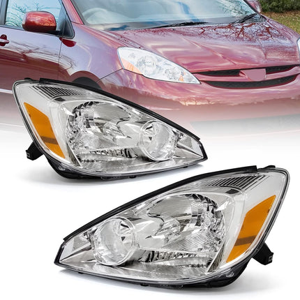 AS Headlight Assembly for 2004 2005 Toyota Sienna Headlights with Chrome Housing Amber Reflector Replacement Driver and Passenger Side