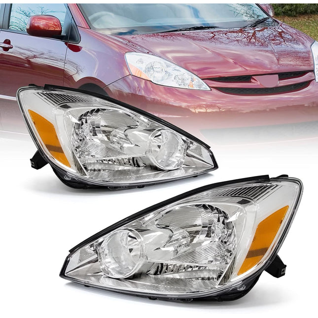 AS Headlight Assembly for 2004 2005 Toyota Sienna Headlights with Chrome Housing Amber Reflector Replacement Driver and Passenger Side