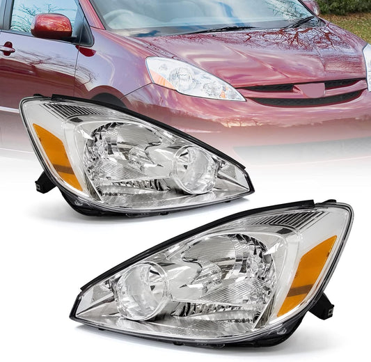AS Headlight Assembly for 2004 2005 Toyota Sienna Headlights with Chrome Housing Amber Reflector Replacement Driver and Passenger Side
