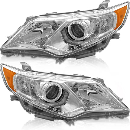 AS Headlights Assembly for 2012 2013 2014 Toyota Camry L/Se/Le/Xle/Hybrid Chrome Housing Amber Reflector Clear Lens Driver and Passenger Side