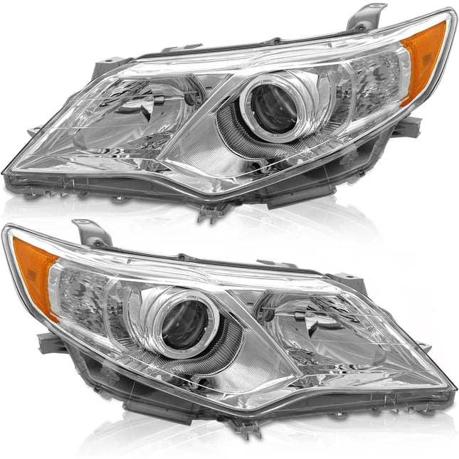 AS Headlights Assembly for 2012 2013 2014 Toyota Camry L/Se/Le/Xle/Hybrid Chrome Housing Amber Reflector Clear Lens Driver and Passenger Side
