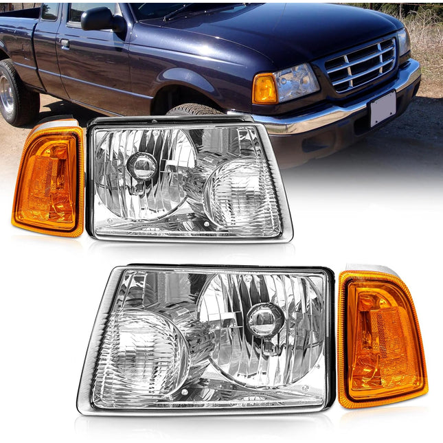 AS For 2001 2002 2003 2004 2005 2006 2007 2008 2009 2010 2011 Ford Ranger Headlight Assembly with Clear Lens Chrome Housing Large Amber Corner Lights Headlamp Replacement Pair