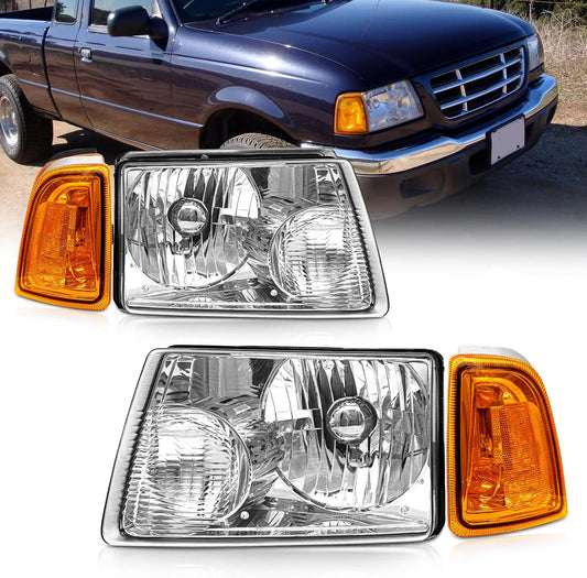 AS For 2001 2002 2003 2004 2005 2006 2007 2008 2009 2010 2011 Ford Ranger Headlight Assembly with Clear Lens Chrome Housing Large Amber Corner Lights Headlamp Replacement Pair