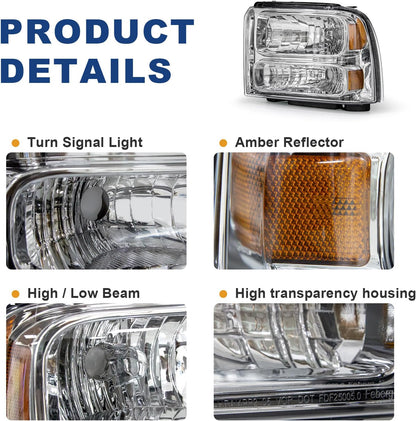 AS Headlight Assembly Compatible with 2005 2006 2007 05 06 07 Ford F250 F350 F450 F550 Headlamp Passenger & Driver Side, Chorme Housing with Amber Reflector