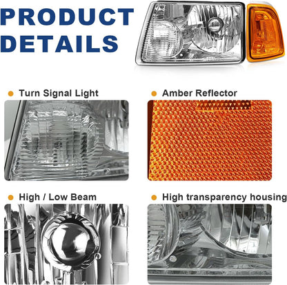 AS For 2001 2002 2003 2004 2005 2006 2007 2008 2009 2010 2011 Ford Ranger Headlight Assembly with Clear Lens Chrome Housing Large Amber Corner Lights Headlamp Replacement Pair