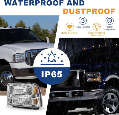 AS Headlight Assembly Compatible with 2005 2006 2007 05 06 07 Ford F250 F350 F450 F550 Headlamp Passenger & Driver Side, Chorme Housing with Amber Reflector