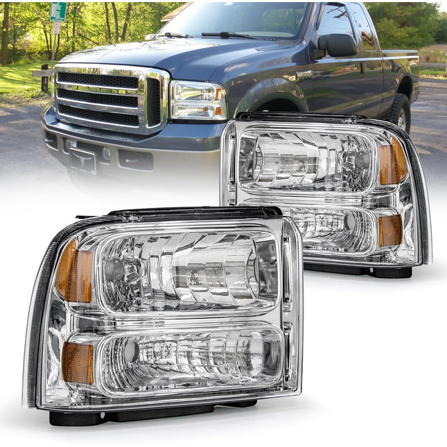 AS Headlight Assembly Compatible with 2005 2006 2007 05 06 07 Ford F250 F350 F450 F550 Headlamp Passenger & Driver Side, Chorme Housing with Amber Reflector