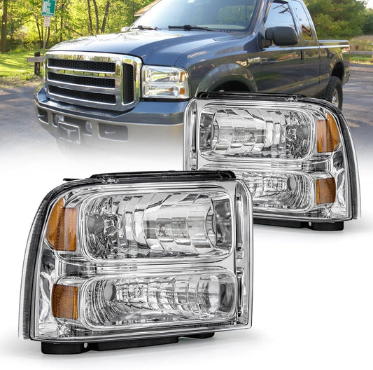 AS Headlight Assembly Compatible with 2005 2006 2007 05 06 07 Ford F250 F350 F450 F550 Headlamp Passenger & Driver Side, Chorme Housing with Amber Reflector