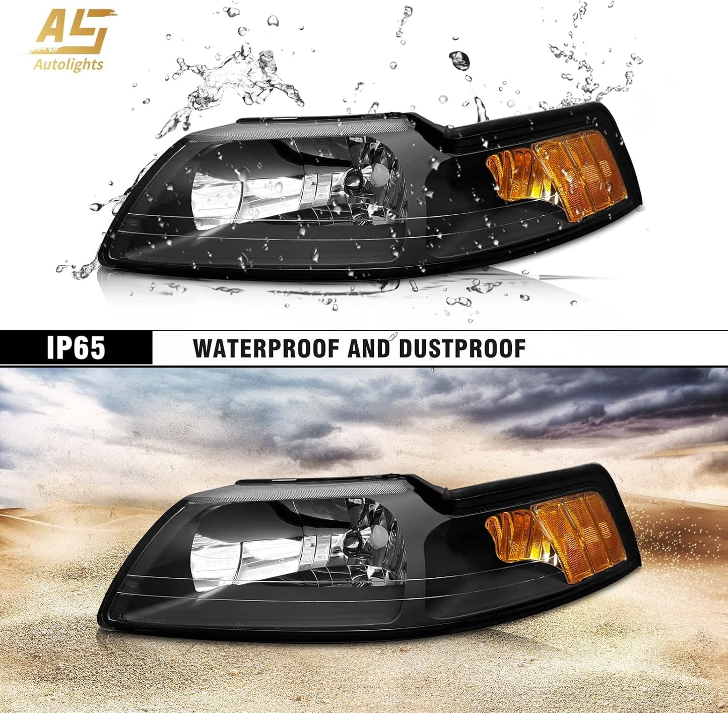 AS AUTOLIGHTS 1999 2000 2001 2002 2003 2004 Ford Mustang Headlight Assembly Replacement for 99 00 01 02 03 04 Ford Mustang with Black Housing Amber Reflector Clear Lens Pair 3R3Z13008CA/3R3Z13008DA