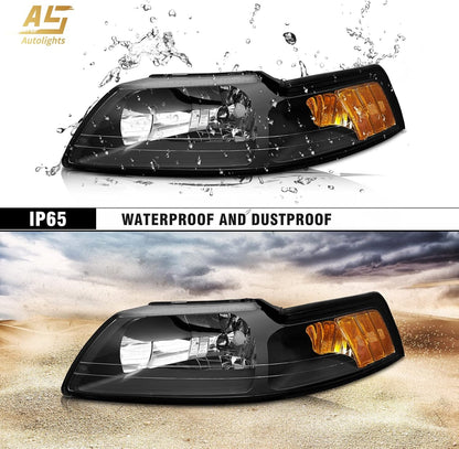 AS AUTOLIGHTS 1999 2000 2001 2002 2003 2004 Ford Mustang Headlight Assembly Replacement for 99 00 01 02 03 04 Ford Mustang with Black Housing Amber Reflector Clear Lens Pair 3R3Z13008CA/3R3Z13008DA