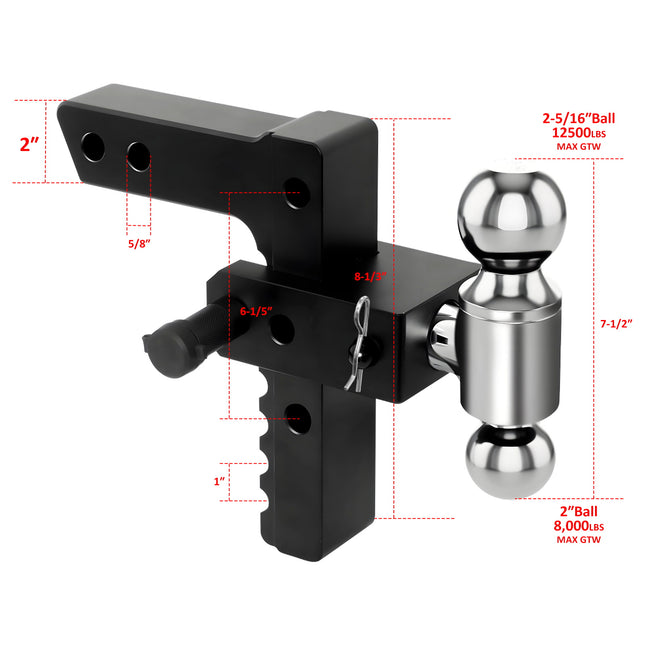 Adjustable Trailer Mount with 2" and 2-5/16" Ball, Fit 2 Inch Receiver, 8 Inch Drop/Rise Aluminum Hitch
