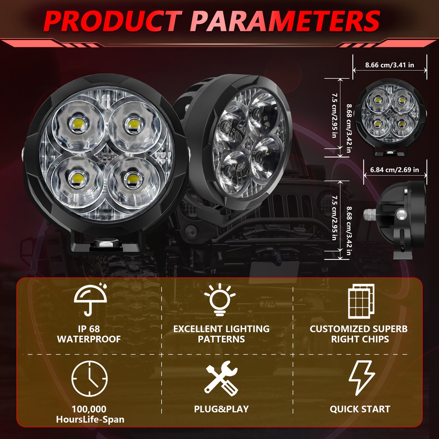 3 inch Led Pods Amber Fog Light White Off Road Driving Light Spot Offroad LED Round 80W 9600LM Ditch Light for Jeep ATV Wrangler Ford Truck Pickup, Pair