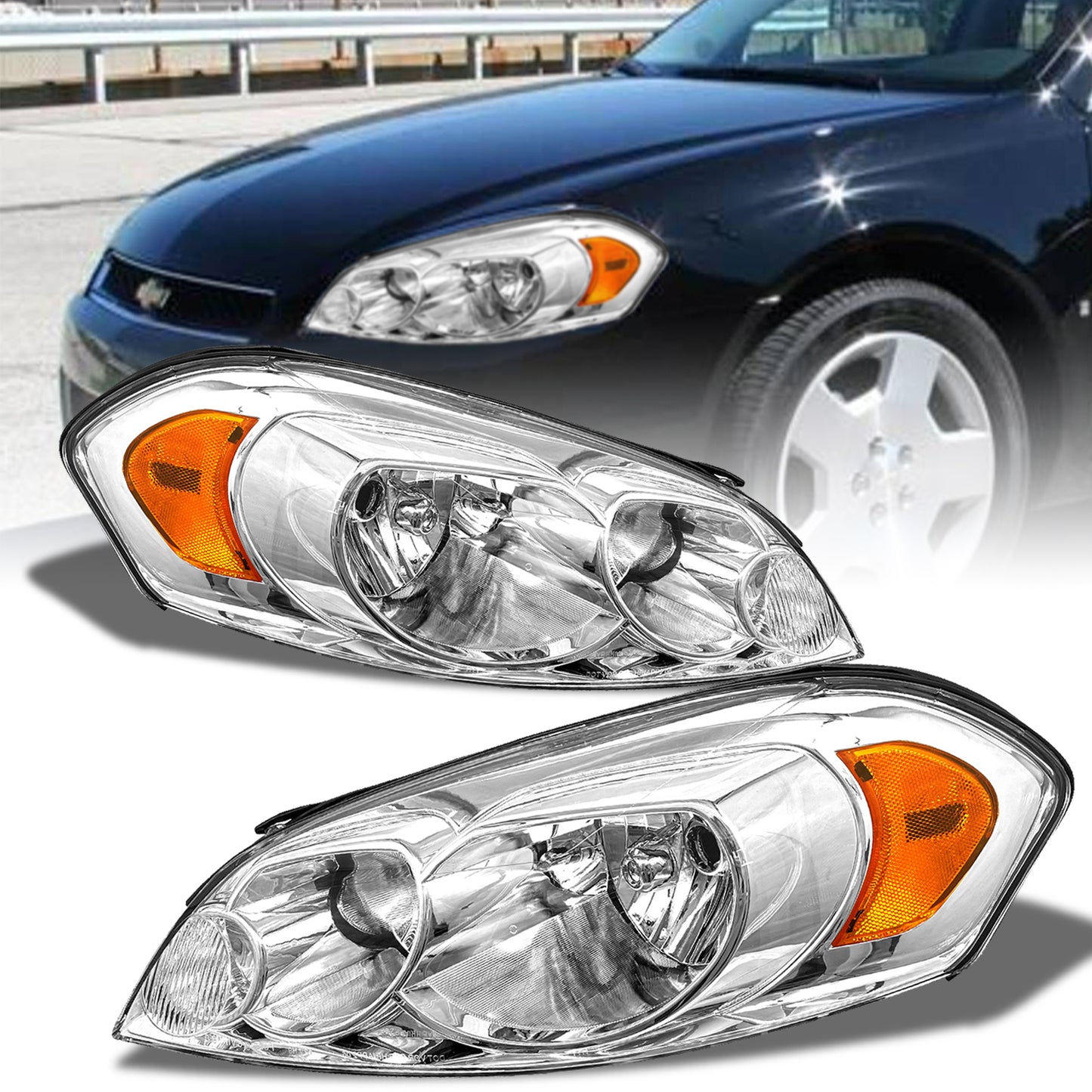 AS Headlight Assembly Compatible with 2006 2007 2008 2009 2010 2011 2012 2013 Chevy Impala 2006 2007 Chevy Monte Carlo Headlights Chrome Housing Amber Reflector Driver and Passenger Side Pair