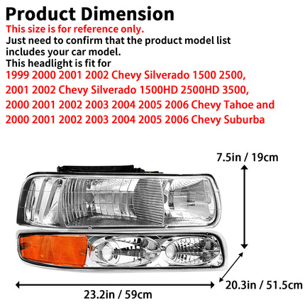AS Headlight Assembly Compatible with 1999 2000 2001 2002 Chevy Silverado 1500 2500/2000-2006 Suburban 1500HD 2500HD Tahoe Headlamp withChrome Housing Amber Reflector Clear Lens