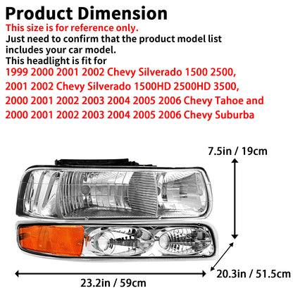 AS Headlight Assembly Compatible with 1999 2000 2001 2002 Chevy Silverado 1500 2500/2000-2006 Suburban 1500HD 2500HD Tahoe Headlamp withChrome Housing Amber Reflector Clear Lens