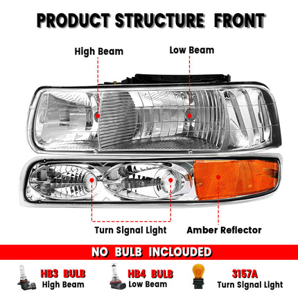 AS Headlight Assembly Compatible with 1999 2000 2001 2002 Chevy Silverado 1500 2500/2000-2006 Suburban 1500HD 2500HD Tahoe Headlamp withChrome Housing Amber Reflector Clear Lens