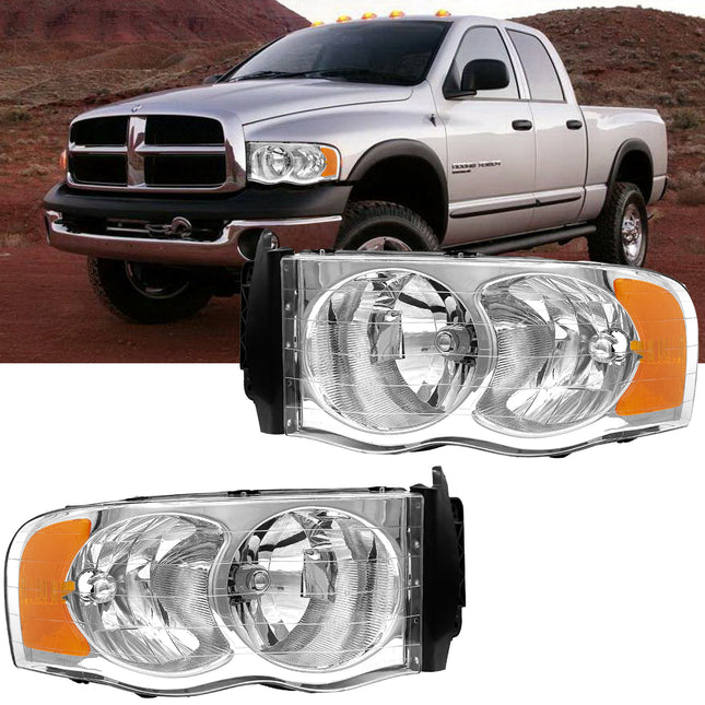 AS Headlights Assembly Compatible with 2002 2003 2004 2005 Dodge Ram 1500/03 04 05 Dodge Ram 2500/3500 Chrome Housing Amber Reflector Driver and Passenger Side Pair