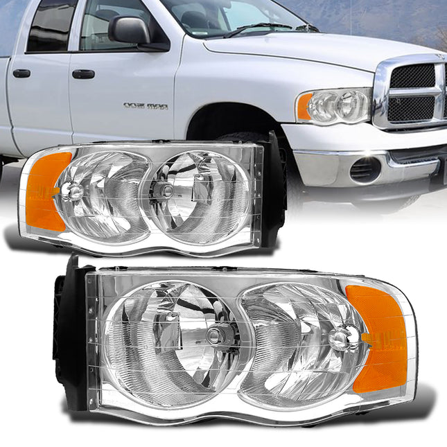 AS Headlights Assembly Compatible with 2002 2003 2004 2005 Dodge Ram 1500/03 04 05 Dodge Ram 2500/3500 Chrome Housing Amber Reflector Driver and Passenger Side Pair