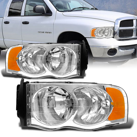 AS Headlights Assembly Compatible with 2002 2003 2004 2005 Dodge Ram 1500/03 04 05 Dodge Ram 2500/3500 Chrome Housing Amber Reflector Driver and Passenger Side Pair