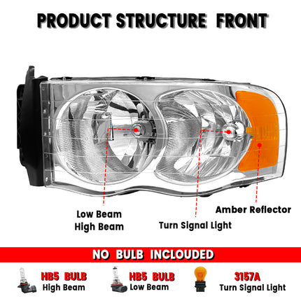 AS Headlights Assembly Compatible with 2002 2003 2004 2005 Dodge Ram 1500/03 04 05 Dodge Ram 2500/3500 Chrome Housing Amber Reflector Driver and Passenger Side Pair