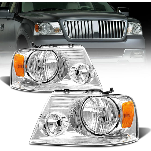 TopAutoGear Headlights Assembly for 2004-2008 Ford F150 Pair Clear Lens Chrome Housing Amber Reflector