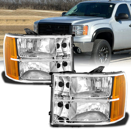 AS Headlights for 2007 2008 2009 2010 2011 2012 2013 GMC Sierra Headlights for 07-13 Sierra 1500/07 08 09 10 11 12 13 14 Sierra 2500 HD/3500 HD with Chrome Housing Amber Reflector Clear Lens Pair