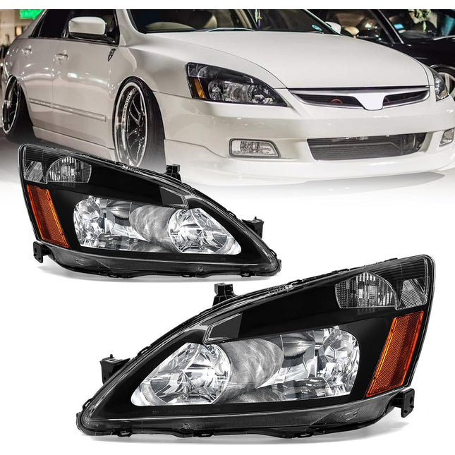 TopAutoGear Headlights Assembly for 2003-2007 Honda Accord Pair Clear Lens Black Housing Amber Reflector