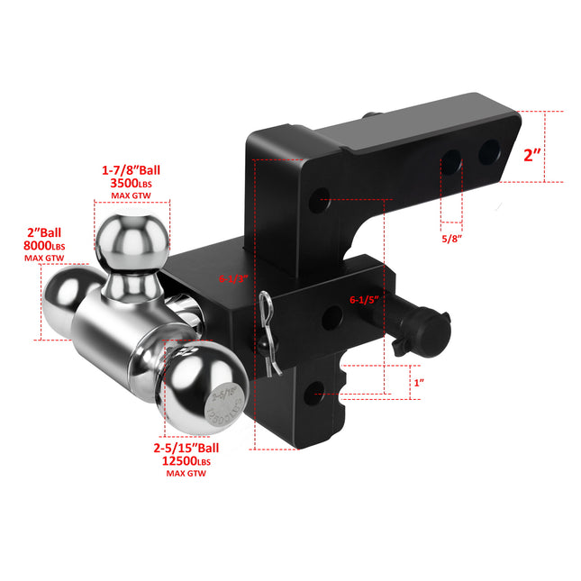 Adjustable Trailer Mount with 2" and 2-5/16" and 1-7/8" Ball, Fit 2 Inch Receiver, 6 Inch Drop/Rise Aluminum Hitch