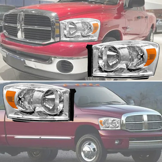 AS Headlight Assembly Compatible with 2006 2007 2008 Dodge Ram 1500/2006-2009 Dodge Ram 2500 3500 Chrome Housing Amber Reflector Driver Passenger Side