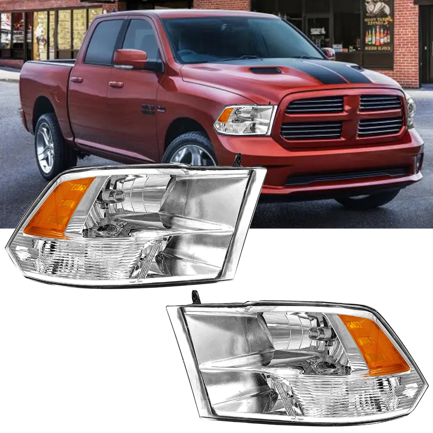 AS Headlight Assembly Compatible with 2009 2010 2011 2012 2013 2014 2015 2016 2017 2018 Dodge Ram 1500/10 11 12 13 14 15 16 17 18 Dodge Ram 2500/3500 Pickup QUAD Chrome Housing Pair
