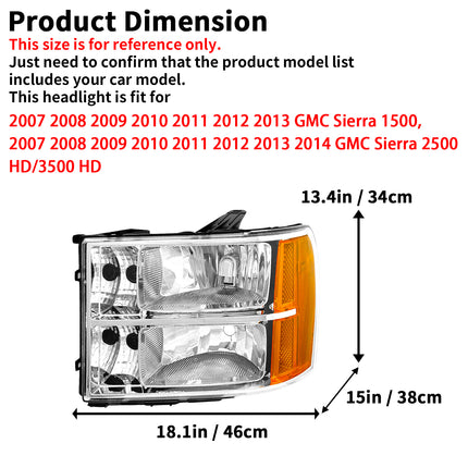 AS Headlights for 2007 2008 2009 2010 2011 2012 2013 GMC Sierra Headlights for 07-13 Sierra 1500/07 08 09 10 11 12 13 14 Sierra 2500 HD/3500 HD with Chrome Housing Amber Reflector Clear Lens Pair