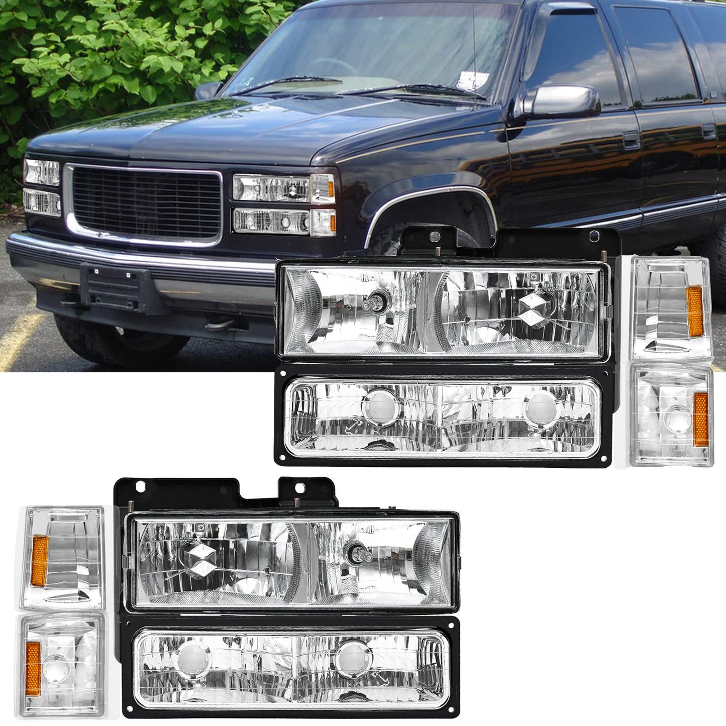 AS Headlight Assembly Compatible with 1994 1995 1996 1997 1998 GMC C10 Pick Up Sierra Suburban Yukon Chrome Housing with Amber Reflector Headlamp Replacement