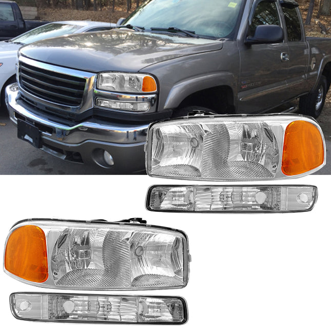 AS Headlights for 1999 2000 2001 2002 2003 2004 2005 2006 GMC Sierra Headlights for 99-06 Sierra 1500/ Sierra 2500 HD/3500 HD with Chrome Housing Amber Reflector Clear Lens Pair