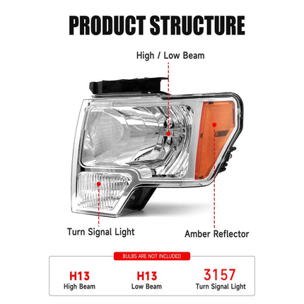 Headlight Assembly for 2009 2010 2011 2012 2013 2014 Ford F150 Pickup,  Pair