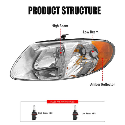 Headlight Assembly for 2001-2007 Dodge Caravan / 01-03 Chrysler Voyager / 01-04 Chrysler Town and Country / 05-07 Town & Country